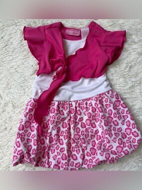 ellemenno Pink and White Girls Casual Dress with Leopard Print Skirt
